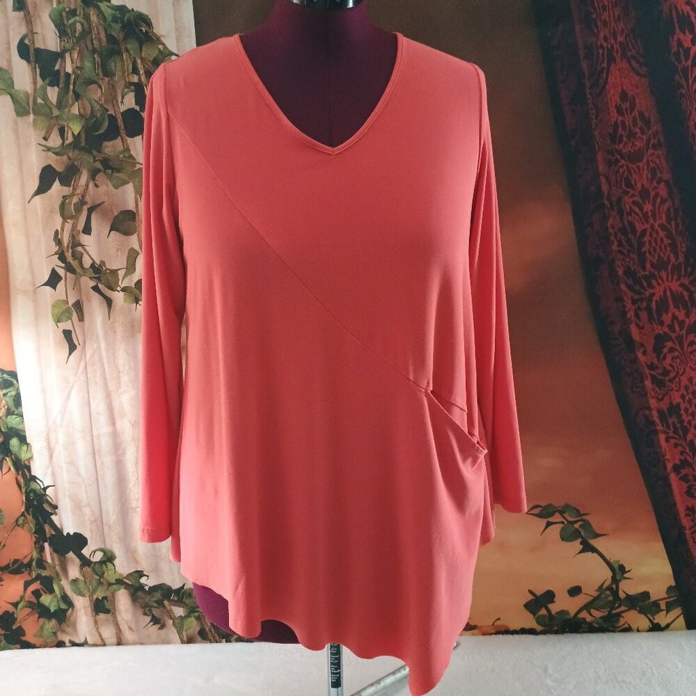 VGUC: Sun Kim Size M Coral Asymmetrical V-Neck Tunic Top Draped Pocket Lagenlook
